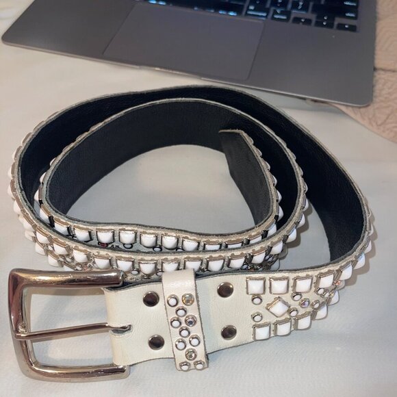 Rn Design Womens Belt Size Large White Leather Studded Swarosky Crystals main image 4